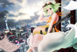 Rule 34 | 1girl, blurry, bokeh, building, city, cityscape, cloud, depth of field, dutch angle, eyebrows, flying paper, goggles, goggles on head, green eyes, green hair, guitar, gumi, hand on own head, instrument, lace, lens flare, matching hair/eyes, nogimomo, paper, parted lips, short hair, sky, sleeveless, solo, tower, vocaloid, wind