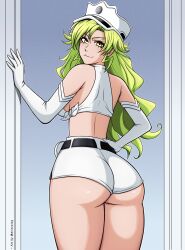 Rule 34 | 1girl, absurdres, ass, bleach, blush, breasts, candice catnipp, elbow gloves, gloves, green eyes, green hair, highres, large breasts, long hair, military, military uniform, mistowing, shorts, solo, sternritter, uniform, white gloves, white shorts