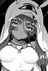 Rule 34 | 1girl, blush, commentary request, dark-skinned female, dark skin, earrings, facial mark, fate/grand order, fate (series), greyscale, hoop earrings, hyouju issei, jewelry, looking at viewer, medjed (fate), monochrome, necklace, nitocris (fate), nitocris (fate/grand order), nitocris (swimsuit assassin) (fate), nitocris (swimsuit assassin) (second ascension) (fate), swimsuit, upper body