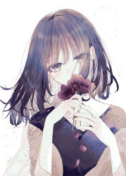 Rule 34 | 1girl, absurdres, black eyes, black hair, black shirt, covering own mouth, crying, crying with eyes open, eyes visible through hair, falling petals, flower, hair between eyes, hands up, highres, holding, holding flower, huge filesize, looking at viewer, medium hair, original, petals, seikai meguru, shawl, shirt, simple background, solo, tears, upper body, v-neck