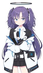 Rule 34 | 1girl, black gloves, black halo, black skirt, blazer, blue archive, blue eyes, blue necktie, closed mouth, commentary request, gloves, halo, highres, holding, jacket, long hair, looking to the side, necktie, pleated skirt, purple hair, shimizu tomoki, shirt, simple background, skirt, solo, standing, thighs, two side up, white background, white jacket, white shirt, yuuka (blue archive)