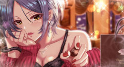 Rule 34 | 1girl, bad id, bad pixiv id, bag, black tank top, blue hair, blurry, blurry background, blush, candy, chocolate, close-up, ear piercing, floral print, food, glowing, hair between eyes, hand on own face, hayami kanade, heart, heart necklace, idolmaster, idolmaster cinderella girls, indoors, jewelry, koya (koya x 00), looking at viewer, nail polish, necklace, off-shoulder sweater, off shoulder, open mouth, parted bangs, piercing, restaurant, ribbed sweater, shopping bag, short hair, signature, solo, sparkle, sweater, tank top, upper body, valentine, window, yellow eyes