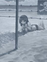 Rule 34 | 1girl, barbed wire, barefoot, beach, bikini, breasts, cloud, cloudy sky, denim, denim shorts, empty eyes, hamsterfragment, imminent death, medium breasts, monochrome, no nose, ocean, original, scar, scar on stomach, short hair, shorts, skull and crossbones, sky, solo, suicidal girl (hamsterfragment), swimsuit