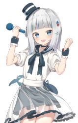 Rule 34 | 1girl, :d, alternate costume, bad id, bad pixiv id, black bow, black hat, black skirt, blue eyes, blue hair, blunt bangs, blush, bow, commentary request, fins, fish tail, gawr gura, hair ornament, hands up, hat, highres, hiruno ushiro, holding, holding microphone, hololive, hololive english, long hair, looking at viewer, microphone, mini hat, multicolored hair, open mouth, puffy short sleeves, puffy sleeves, see-through, shark tail, sharp teeth, shirt, short sleeves, silver hair, simple background, skirt, smile, solo, streaked hair, tail, teeth, thigh gap, tilted headwear, two side up, virtual youtuber, white background, white shirt, wrist cuffs
