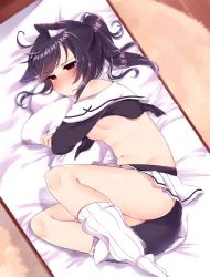 Rule 34 | 1girl, absurdres, animal ear fluff, animal ears, ass, azur lane, bed, black shirt, blush, breasts, brown hair, chiitamu, commentary request, crop top, fang, fingernails, highres, long hair, long sleeves, loose socks, lying, medium breasts, navel, no shoes, hugging object, on side, parted lips, pillow, pillow hug, pleated skirt, ponytail, red eyes, sailor collar, school uniform, serafuku, shigure (azur lane), shirt, skirt, socks, solo, tail, white legwear, white sailor collar, white skirt, wolf ears, wolf girl, wolf tail