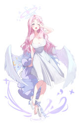 Rule 34 | 1girl, absurdres, doodle sensei (blue archive), barefoot, blue archive, breasts, cheosnuni, cleavage, commentary request, covered navel, dress, full body, halo, highres, korean commentary, large breasts, long hair, low wings, mika (blue archive), one eye closed, open mouth, pink hair, pink halo, sensei (blue archive), shoes, simple background, sleeveless, sleeveless dress, solo, toenails, toes, unworn shoes, white background, white dress, white footwear, white wings, wings, yellow eyes