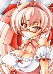 Rule 34 | 1girl, ahoge, blush, bow, breast hold, breasts, choker, cleavage, di gi charat, frown, glasses, hair bow, large breasts, long hair, maid, marker (medium), mechanical pencil, millipen (medium), pencil, pink hair, ribbon choker, simple background, slit pupils, solo, tears, traditional media, twintails, uneven eyes, usada hikaru, white background, yutakasan-love
