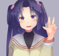 Rule 34 | 1girl, artist request, blazer, blush, clannad, hair bobbles, hair ornament, ichinose kotomi, jacket, long hair, looking at viewer, open mouth, purple eyes, purple hair, smile, twintails, v, very long hair