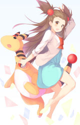 Rule 34 | 1girl, :o, ampharos, blue dress, blush, bow, brown eyes, brown hair, commentary request, creatures (company), dress, from side, game freak, gen 2 pokemon, gym leader, hair ornament, highres, jasmine (pokemon), kurai masaru, long hair, nintendo, open mouth, poke ball, pokemon, pokemon (creature), pokemon hgss, red bow, simple background, two side up, white background