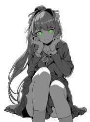 Rule 34 | 1girl, absurdres, blazer, commentary request, doki doki literature club, green eyes, greyscale, hair ornament, hands on own face, highres, jacket, long hair, long sleeves, looking at viewer, metsu end, monika (doki doki literature club), monochrome, neckerchief, ponytail, sailor collar, school uniform, simple background, sitting, skirt, smile, socks, solo, white background