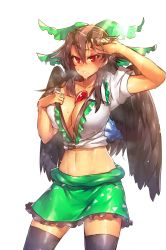 Rule 34 | 1girl, black hair, black thighhighs, black wings, blush, bow, breasts, cleavage, feathered wings, hair ribbon, highres, huge breasts, long hair, looking at viewer, melon22, midriff, miniskirt, navel, red eyes, reiuji utsuho, ribbon, simple background, skirt, solo, sweat, thighhighs, touhou, white background, wings, zettai ryouiki