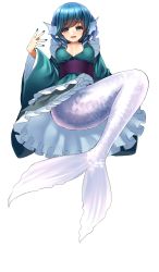 Rule 34 | 1girl, bad id, bad twitter id, blue eyes, blue hair, blue nails, breasts, fins, fish, head fins, highres, japanese clothes, kimono, large breasts, looking at viewer, matching hair/eyes, mermaid, monster girl, nail polish, obi, open mouth, sash, smile, solo, touhou, tsukiriran, wakasagihime, white background