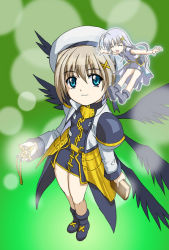 Rule 34 | 00s, 2girls, ^ ^, ankle boots, beret, black wings, blonde hair, blue eyes, book, boots, closed eyes, coat, dress, floating, foreshortening, g-tetsu, hair ornament, hairclip, hat, holding, holding book, long hair, looking at another, lyrical nanoha, mahou shoujo lyrical nanoha, mahou shoujo lyrical nanoha a&#039;s, mahou shoujo lyrical nanoha strikers, medallion, mini person, minigirl, multiple girls, multiple wings, outstretched arms, overcoat, reinforce zwei, schwertkreuz, short dress, short hair, smile, spread arms, tome of the night sky, unison (nanoha), very long hair, waist cape, white hair, wings, x hair ornament, yagami hayate