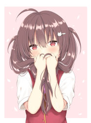 Rule 34 | 1girl, ahoge, blush, brown background, brown hair, cat hair ornament, commentary request, covered mouth, hair between eyes, hair ornament, hairclip, hands up, highres, holding, holding hair, long hair, looking at viewer, original, petals, red eyes, red vest, shirt, short sleeves, solo, twintails, two-tone background, upper body, vest, white background, white shirt, yoshikita popuri