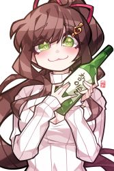 Rule 34 | 1girl, :3, absurdres, arang (arang0220), blush, bottle, breasts, brown hair, cleavage, commentary, fortissimo, hair ornament, hair ribbon, highres, holding, holding bottle, indie virtual youtuber, korean commentary, korean text, large breasts, long hair, looking at viewer, miori celesta, musical note, musical note hair ornament, pink sweater, ponytail, ribbed sweater, ribbon, sleeves past wrists, smile, soju, solo, sweater, textless version, treble clef, turtleneck, turtleneck sweater, upper body, very long hair, virtual youtuber, white background