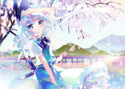 Rule 34 | 1girl, black bow, black bowtie, blouse, bow, bowtie, cherry blossoms, collared shirt, cowboy shot, day, highres, hinasumire, konpaku youmu, looking at viewer, outdoors, shirt, smile, solo, touhou, white shirt