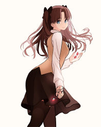 Rule 34 | 1girl, absurdres, bad id, bad pixiv id, black bow, black skirt, black thighhighs, blue eyes, bow, brown hair, closed mouth, cowboy shot, fate/stay night, fate (series), floating hair, from side, hair bow, heart, heart necklace, highres, holding, holding jewelry, holding necklace, homurahara academy school uniform, jewelry, long hair, long sleeves, looking at viewer, lq saku, medium skirt, necklace, school uniform, shirt, simple background, skirt, smile, solo, standing, thighhighs, tohsaka rin, twintails, white background, white shirt