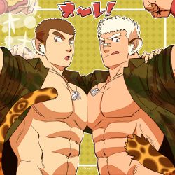Rule 34 | 2boys, :q, abs, bandaid, bandaid on face, bandaid on nose, bara, bare pectorals, biceps, blonde hair, brown hair, camouflage, camouflage jacket, character request, dog tags, flexing, highres, jacket, kyouta 22, large pectorals, looking at viewer, male focus, mature male, multiple boys, muscular, muscular male, naked jacket, navel, navel hair, no nipples, open clothes, open jacket, panther boy, panther ears, panther tail, pectoral docking, pectoral press, pectorals, short hair, stomach, thick eyebrows, tokyo houkago summoners, tongue, tongue out, translation request, upper body, valiant wrestler (housamo), world wrestler (housamo), yaoi