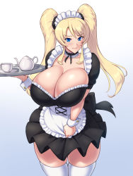 Rule 34 | 1girl, blonde hair, blush, breasts, cleavage, cup, embarrassed, gradient background, holding, holding tray, huge breasts, irina (kawanuma uotsuri), kawanuma uotsuri, maid, maid headdress, simple background, solo, teapot, thighhighs, tray, twintails