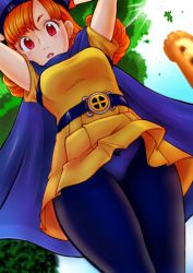 Rule 34 | 1girl, alena (dq4), arms up, belt, blue cape, blue hat, blue sky, blush, breasts, cape, dragon quest, dragon quest iv, dress, earrings, from below, hat, highres, jewelry, long hair, looking at viewer, open mouth, orange hair, outdoors, panties, panties under pantyhose, pantyhose, red eyes, see-through, sky, solo, tasuku13719413, tree, underwear, upskirt, yellow dress