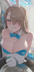 Rule 34 | 1girl, absurdres, animal ears, aqua bow, aqua bowtie, asuna (blue archive), bare shoulders, blue archive, blue bow, blue bowtie, blue eyes, blue ribbon, bow, bowtie, breasts, brown hair, cleavage, collarbone, detached collar, fake animal ears, gloves, grin, hair over one eye, highres, large breasts, leotard, long hair, looking at viewer, mole, mole on breast, numim, pantyhose, playboy bunny, poker chip, rabbit ears, rabbit tail, ribbon, smile, solo, strapless, tail, white gloves, wrist cuffs