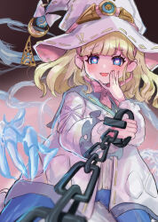Rule 34 | 1girl, aura, blonde hair, blue eyes, blue pantyhose, blurry, blurry foreground, blush, breath, coat, diabellze the original sinkeeper, dress, duel monster, hand on own face, hat, heart, heart-shaped pupils, highres, medium hair, noppe, pantyhose, pink pupils, pov, risette of the white woods, solo, symbol-shaped pupils, white coat, white dress, white hat, witch hat, yu-gi-oh!