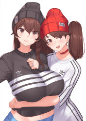 Rule 34 | 2girls, adidas, beanie, black hat, black shirt, breast lift, breasts, brown eyes, brown hair, choker, closed mouth, denim, franham, hair between eyes, hand on own chest, hat, highres, hug, huge breasts, jeans, jewelry, kaga (kancolle), kantai collection, long hair, looking at viewer, multiple girls, navel, open mouth, pants, pink lips, reaching, reaching towards viewer, red choker, red hat, ring, ryuujou (kancolle), selfie, shirt, simple background, smile, striped, swept bangs, twintails, upper body, wedding band, white background, white shirt