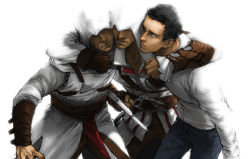 Rule 34 | 3boys, altair ibn la-ahad, assassin&#039;s creed, assassin&#039;s creed (series), assassin&#039;s creed ii, black hair, blade, denim, desmond miles, ezio auditore da firenze, gloves, grey eyes, concealed weapon, hidden blade (assassin&#039;s creed), hood, hug, jeans, male focus, multiple boys, pants, smile, time paradox, weapon