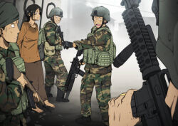 Rule 34 | 1girl, 1other, 3boys, assault rifle, barefoot, battle rifle, black hair, body armor, brown eyes, building, cable, camouflage, camouflage jacket, camouflage pants, crying, crying with eyes open, dark skin, debris, fingerless gloves, gloves, grenade launcher, gun, helmet, holding, holding gun, holding magazine (weapon), holding weapon, jacket, m14, m203, m4 carbine, magazine (weapon), military, military uniform, mrxinom, multiple boys, original, pants, philippines, ponytail, rifle, tears, trigger discipline, underbarrel grenade launcher, uniform, weapon