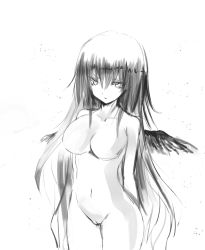 Rule 34 | 10s, 1girl, breasts, character request, feathered wings, gond, greyscale, kantai collection, large breasts, long hair, mini wings, monochrome, navel, no nipples, pussy, sketch, uncensored, wings