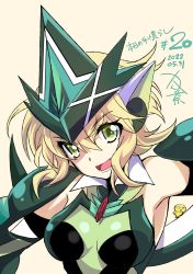 Rule 34 | 1girl, 2022, akatsuki kirika, blonde hair, breasts, dated, ear covers, ear protection, green eyes, green hat, hat, highres, kanna (plum), looking at viewer, numbered, open mouth, senki zesshou symphogear, smile, solo, yellow background