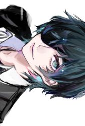 Rule 34 | 1girl, absurdres, ancoo mm, black hair, black jacket, chainsaw man, collared shirt, eyepatch, formal, green eyes, highres, himeno (chainsaw man), jacket, looking at viewer, shirt, short hair, sideways, simple background, smile, solo, suit, white background, white shirt