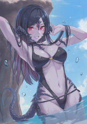 Rule 34 | 1girl, absurdres, armpits, arms up, au ra, black hair, black one-piece swimsuit, blue sky, breasts, casual one-piece swimsuit, cleavage, clothing cutout, cloud, colored skin, commentary, day, dragon girl, dragon horns, dragon tail, dutch angle, enporion, facial mark, final fantasy, final fantasy xiv, grey skin, highres, horns, large breasts, looking at viewer, multicolored hair, navel, ocean, one-piece swimsuit, outdoors, pink eyes, red hair, scales, sky, smile, solo, stomach, stomach cutout, streaked hair, swimsuit, tail, teeth, two-tone hair, underboob, wading, warrior of light (ff14), water