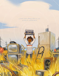 Rule 34 | 1girl, arms up, artist name, blue sky, boombox, box, bracelet, breasts, brown hair, can, cardboard box, closed eyes, closed mouth, cloud, commentary, curly hair, dark-skinned female, dark skin, day, drawstring, drink can, english commentary, geneva bowers, grass, headphones, hood, hoodie, jewelry, microwave, morse code, original, outdoors, pants, plant, refrigerator, road sign, short hair, sign, sky, smile, soda can, solo, sound wave, speaker, standing, stop sign, television, translated, transmission tower, watermark, white hoodie