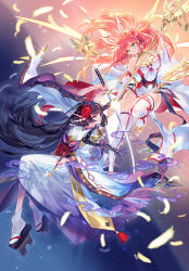 Rule 34 | 2girls, aqua eyes, ark order, arm up, bare shoulders, battle, black hair, blurry, breasts, character request, chinese commentary, chrysanthemum, closed mouth, commentary request, detached sleeves, dress, duel, earrings, eclosion, feathers, floating hair, flower, full body, geta, glint, gold footwear, hair flower, hair ornament, hair tubes, highres, holding, holding smoking pipe, holding staff, holding sword, holding weapon, japanese clothes, jewelry, katana, kimono, kiseru, large breasts, leg up, lipstick, long hair, long sleeves, looking at another, looking back, makeup, mask, multiple girls, obi, oni mask, pelvic curtain, pink hair, platform clogs, platform footwear, profile, red eyes, red flower, red lips, ribbon-trimmed clothes, ribbon trim, sandals, sash, shoes, side slit, smile, smoke, smoking pipe, spider lily, staff, sword, tabi, tassel, thighhighs, very long hair, weapon, white dress, white legwear, wide sleeves, yellow footwear