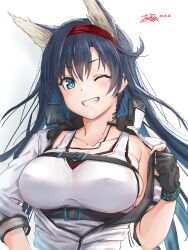 Rule 34 | 1girl, animal ears, arknights, black gloves, black hair, blaze (arknights), blue eyes, blush, breasts, cat ears, collarbone, commentary request, fingerless gloves, gloves, grin, hairband, head tilt, highres, infection monitor (arknights), jacket, large breasts, long hair, looking at viewer, one eye closed, red hairband, skindentation, smile, solo, tank top, upper body, very long hair, white background, white jacket, white tank top, yukinoshiro