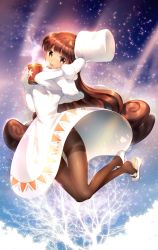 Rule 34 | 1girl, brown eyes, brown hair, brown pantyhose, capelet, cocoa cookie, cookie run, dress, food, gloves, hat, highres, hot chocolate, long hair, looking at viewer, marshmallow, mary janes, offcar, panties, panties under pantyhose, pantyhose, shoe dangle, shoes, snowflakes, solo, thighband pantyhose, underwear, very long hair, white dress, winter clothes