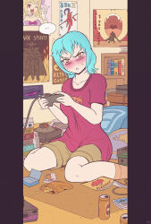 Rule 34 | 1girl, blue hair, blush, chips (food), food, highres, karbo, pink shirt, poster (object), shirt, solo, t-shirt, video game, yellow eyes