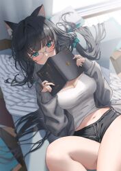 Rule 34 | 1girl, absurdres, animal ear fluff, animal ears, aqua bow, aqua eyes, black hair, blush, book, bow, breasts, camisole, cat ears, cleavage, commentary request, couch, covering own mouth, cowboy shot, from above, glasses, grey jacket, hair bow, highres, holding, holding book, indoors, jacket, jfjf, long hair, looking at viewer, lying, medium breasts, navel, on back, open clothes, open jacket, original, short shorts, shorts, sleeves past wrists, solo, sunlight, twintails, white camisole