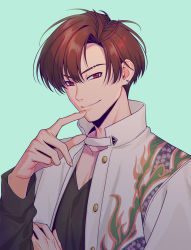 Rule 34 | 1boy, commentary request, earrings, eyebrow cut, fate/grand order, fate (series), jacket, japanese clothes, jewelry, long hair, long sleeves, looking at viewer, male focus, multicolored hair, open mouth, pectorals, red eyes, red hair, smile, solo, split-color hair, streaked hair, takasugi shinsaku (fate), takasugi shinsaku (first ascension) (fate), two-tone hair, upper body, white hair, white jacket, zanshi