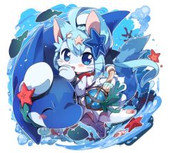 Rule 34 | 1girl, akurara (cat busters), artist request, blue eyes, blue hair, cat, cat busters, furry, furry female, open mouth, shark, solo