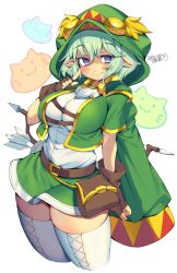 Rule 34 | 1girl, arrow (projectile), belt, blue eyes, blush, bow, breasts, brown gloves, cropped legs, dated, finger to face, fingerless gloves, gloves, green hair, highres, hood, hood up, iroyopon, large breasts, looking at viewer, original, pointy ears, pouch, signature, smile, solo, thighhighs, weapon, weapon on back, white background, white thighhighs, zettai ryouiki