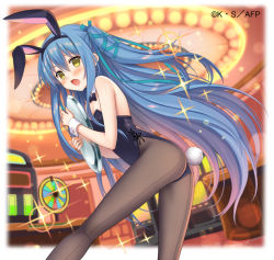 Rule 34 | 1girl, ange vierge, animal ears, aqua ribbon, bare shoulders, black leotard, black pantyhose, blue hair, blush, breasts, casino, detached collar, fake animal ears, from side, hair between eyes, hair ribbon, holding, holding tray, indoors, leotard, long hair, looking at viewer, looking back, open mouth, pantyhose, playboy bunny, rabbit ears, rabbit tail, ribbon, sidelocks, slot machine, small breasts, solo, sparkle, tail, tray, two side up, very long hair, watermark, wrist cuffs, yellow eyes, yuuki rika