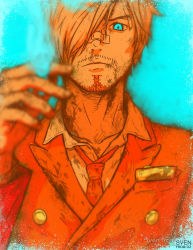 Rule 34 | 1boy, bandaid, bandaid on face, bandaid on nose, blood, blue theme, cigarette, facial hair, formal, hair over one eye, holding, holding cigarette, limited palette, looking at viewer, male focus, monochrome, necktie, one piece, orange theme, sanji (one piece), scratches, serious, smoking, solo, suit, sven from oz, textless version, watermark