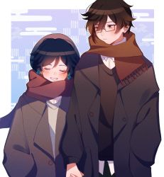Rule 34 | 2boys, black hair, blue background, blush, braid, brown coat, brown hair, brown sweater, closed mouth, coat, commentary, english commentary, closed eyes, genshin impact, grey sweater, grin, hand in pocket, highres, holding hands, irkg gi, long sleeves, looking at another, male focus, multiple boys, open mouth, orange eyes, orange scarf, rectangular eyewear, red scarf, scarf, shirt, smile, sweater, twin braids, upper body, venti (genshin impact), white shirt, winter clothes, zhongli (genshin impact)