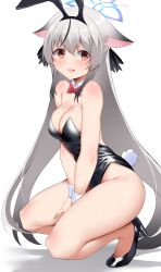 Rule 34 | 1girl, absurdres, alternate costume, animal ears, arind yudha, bare legs, black footwear, black hair, black leotard, blue archive, blush, bow, bowtie, breasts, cleavage, commentary, detached collar, fake animal ears, grey hair, halo, highres, kokona (blue archive), leotard, long hair, looking at viewer, medium breasts, multicolored hair, open mouth, playboy bunny, rabbit ears, red bow, red bowtie, shoes, simple background, smile, solo, squatting, strapless, strapless leotard, streaked hair, thighs, very long hair, white background