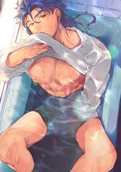 Rule 34 | 0343 u, 1boy, absurdres, alternate costume, alternate hairstyle, bare pectorals, bathing, bathtub, blue hair, bottomless, closed mouth, clothes lift, cu chulainn (fate), cu chulainn (fate/stay night), earrings, fate/stay night, fate (series), from above, hair down, highres, in water, jewelry, long hair, looking at viewer, male focus, muscular, muscular male, nipples, partially submerged, pectorals, red eyes, shirt, shirt lift, smile, solo, spiked hair, wet, wet clothes, wet hair, wet shirt