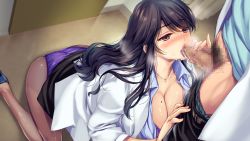 Rule 34 | 1girl, :&gt;=, absurdres, amagi ryou, black hair, blush, boku to joi no shinsatsu nisshi, breasts, breath, brown eyes, censored, cleavage, clothes lift, fellatio, floor, from above, game cg, highres, indoors, jewelry, lab coat, large breasts, legs, long hair, mole, mole on breast, monety, mosaic censoring, necklace, oral, original, panties, panties under pantyhose, pantyhose, penis, sitting, skirt, skirt lift, solo focus, standing, thighs, underwear