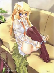 Rule 34 | 1girl, bag, between breasts, blonde hair, blue eyes, bottomless, bra, breasts, couch, crease, dress shirt, feet, female focus, frog, glasses, hair ornament, hairclip, indoors, charm (object), legs, lingerie, long hair, necktie, original, panties, panty pull, pillow, plaid, pleated skirt, pussy, sakuraniku umatarou, scan, school bag, school uniform, see-through, shirt, signature, sitting, skirt, solo, striped clothes, striped panties, thighhighs, towel, towel on head, twintails, uncensored, underwear, undressing, wet, wet clothes, wet shirt