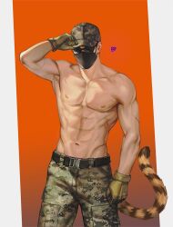 Rule 34 | 1boy, abs, bara, baseball cap, call of duty, call of duty: modern warfare 2, camouflage, camouflage pants, gloves, green gloves, green pants, hat, highres, horangi (modern warfare 2), male focus, mask, mouth mask, muscular, muscular male, navel, nipples, pants, pectorals, quokka130, simple background, solo, sunglasses, tail, tiger boy, tiger tail, topless male
